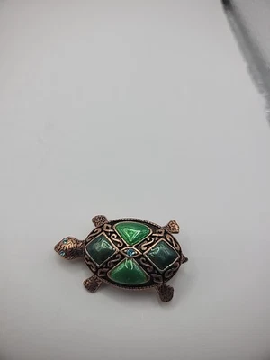 Vintage Liz Claiborne Brooch Pin Turtle Green Enamel Copper Blue Crystals - Image 1 of 4