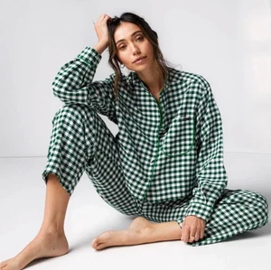 Pigiama di lusso Lunya Green Gingham misto cotone BUONO A LETTO flanella set 2 pezzi - L - Foto 1 di 24