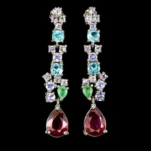 925 Sterling Silver Earrings Pear Ruby Apatite Emerald Gemstone Jewelry - Picture 1 of 13