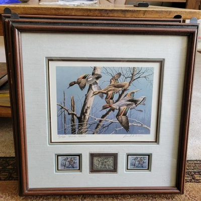 Signed 1983 Arkansas Teal Duck Stamp Print  2 Stamps 131/600 David Maass 17" - Image 1 of 4