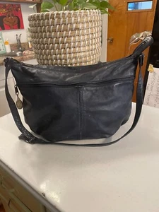 Vintage Original Navy Worn Leather Stone Mountain Shoulder Purse Y2K USA Made - Picture 1 of 11