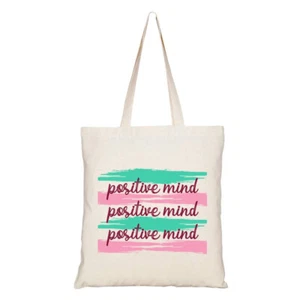 Women’s Tote Bag Canvas Beige Positive Mind Graphic Book Grocery Bag 15x16” - Picture 1 of 3