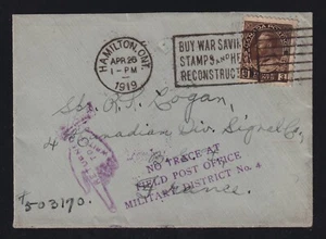 Kanada 1918 Militär Brief Hamilton bis 4. Signale Frankreich unzustellbar keine Spur - Bild 1 von 2