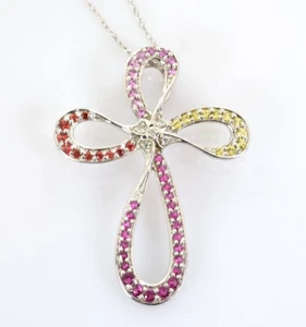 Rainbow Sapphire & Diamond Cross Necklace in 14k White Gold 18" - Picture 1 of 4