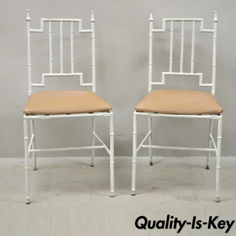Italian Hollywood Regency White Faux Bamboo Metal Accent Side Chairs - a Pair Cover