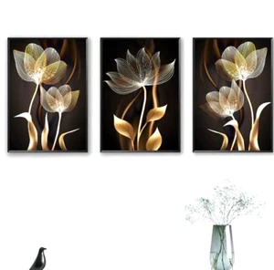 Art Canvas Black and Golden Flower Wall Art Canvas Painting Set od 3. 16 x 24” - Picture 1 of 2