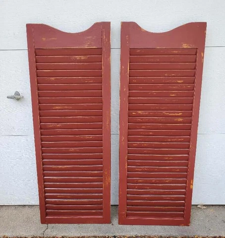 Vintage Wood Shutters Set Louvered Red Distressed Paint Swinging Doors Cover