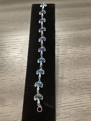 Silver-Tone Bracelet Blue Mother Of Pearl Abalone Shell Palm Tree 🌴 Charm Link - Image 1 of 4