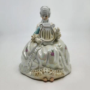 Sitting Woman Playing Lyre Gilt Tipped Dresden Lace Trim Vintage Porcelain - Picture 1 of 14