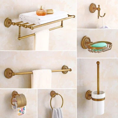 7Pcs Antique Bathroom Accessories Restroom Hardware Carved Brass Towel Bar - Image 1 of 4