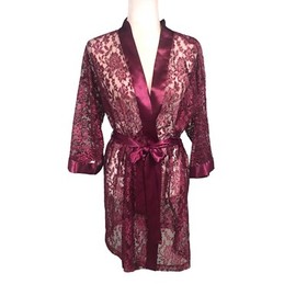 Intimate Affair Robe Womens Size M Ruby Lace Kimono Tie Robe Satin Trim Sexy