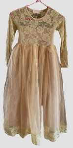 Vestido Think Pink Lazos Niñas 6 Mangas Largas Crema/Beige Encaje Bordado Flor - Imagen 1 de 4