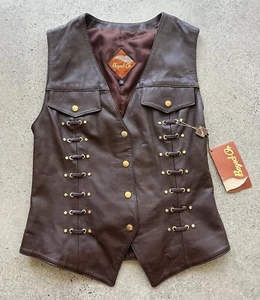 Vintage NWT Beged-Or by Polgot Brown Leather Viscose Lined Biker Vest Size 38 - Picture 1 of 10
