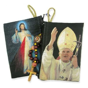 Blessed Pope John Paul II & Divine Mercy Two Sided Rosary Pouch Zipper 5 3/8"x4" - Picture 1 of 1