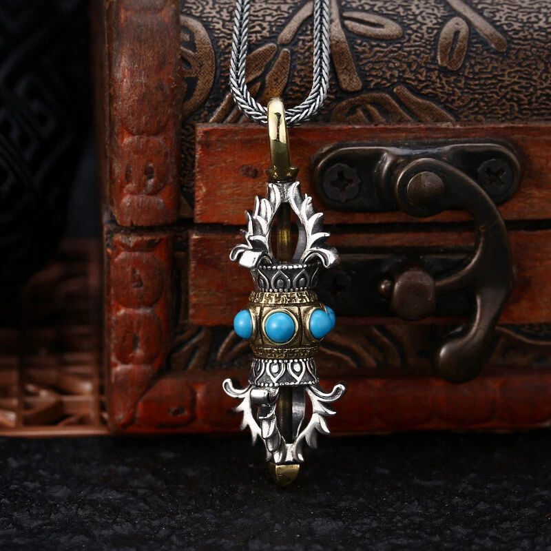 Серебряный кулон S925 VAJRA DORJE бирюзовый двухцветный тибетский буддийский амулет 12 г - Изображение 1 из 4
