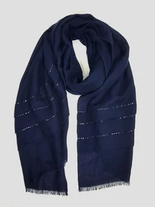 Loro Piana Navy Blue Cashmere Sequin Beaded Stripe Fringe Scarf - Picture 1 of 7