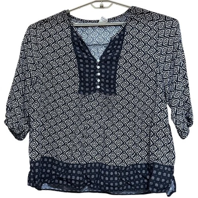 Faded Glory Tunic Top Women Plus 4X Black White Boho Geometric Print 3/4 Sleeve - Image 1 of 4