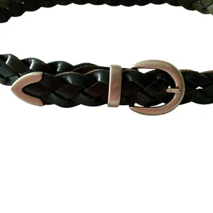 Cinturón de cuero negro 41” X 1,1” trenzado grano completo cuero de vaca tono plateado herrajes - Imagen 1 de 4