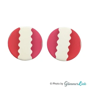 Vintage 80s Pink and Red Stripe Disc Earrings – White Wavy Design, 1" - Picture 1 of 5