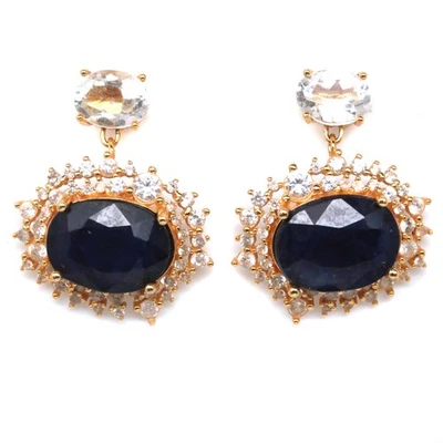 Thai Handgefertigt 10 x 13 Mm. Blauer Saphir, Topas & Zirkonia Ohrringe - Bild 1 von 4