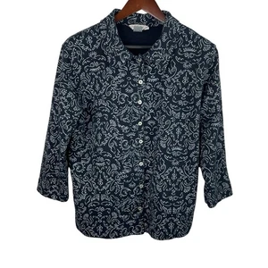 Fresh Produce Size Large Navy White Floral Button 3/4 Sleeve Blazer Cotton - Picture 1 of 9