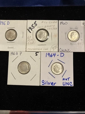 Silver Roosevelt Dimes Years 1946-D, 1955-P, 1960-P, 1962-P, 1964-D Very Fine+ - Image 1 of 4