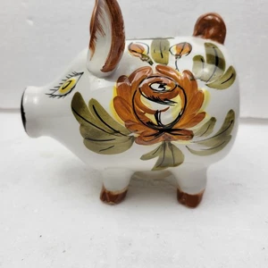 Vintage Kunstkeramik Schwein Sparschwein handbemalt gelbe Rosen Made in Italy - Bild 1 von 8