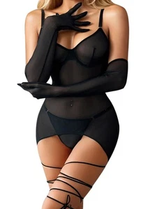 Women Sexy Lingerie Set Sheer Mesh Lace Bodysuit Teddy Lingerie with Leg Wraps - Picture 1 of 6