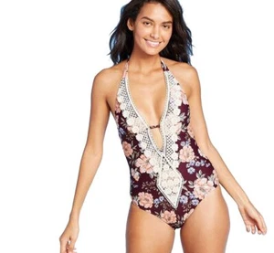 Kona Sol Women's Crochet Trim Plunge One Piece Swimsuit (Floral, XL) - Picture 1 of 2