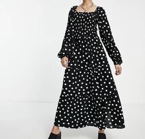 NWT Topshop Womens Maxi Dress Size 8-10 Black Polka Dot Smocked Long Sleeve
