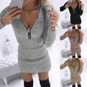 UK Womens Zipper Knitted Jumper Dress Bodycon Ladies Winter Warm Mini Dresses