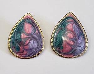 1 Pair Enamel Gold Tone Pierced Earrings Teardrop 1.5 in Multi-colored Vintage - Bild 1 von 3