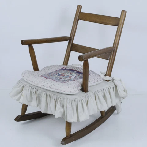 Vintage Child’s Wooden Rocking Rocker Chair Fabric Covered Seat READ Cover