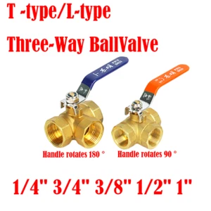 BSP Brass Three Way L/T Port Ball Valve -Female BSP 1/2" 3/8" 3/4" 1/4" 1" - Picture 1 of 15