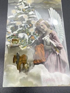 Victorian Christmas Postcard Lycklig Jul Girl Cherub Image Tree Candles Glossy - Picture 1 of 4