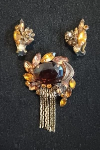 Set spilla e orecchini vintage ALICE CAVINESS ambra topazio strass gioielli belli - Foto 1 di 11