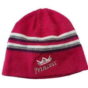 Girls Hot Pink Beanie with Stripe Accents and Embroidered "Princess" and "Crown" - Picture 1 of 3