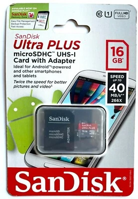 BRAND NEW SANDISK ULTRA PLUS 16GB MEMORY CARD & ADAPTOR UHS-I MICRO SD SDHC - Image 1 of 3