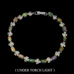 925 Sterling Silver Bracelet Oval Fire Opal Sapphire Gemstone Jewelry 7.5 Inches - Picture 1 of 13