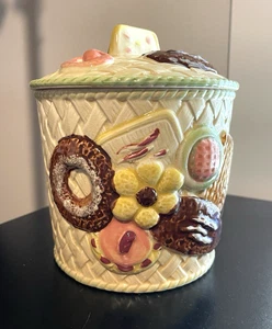 Vintage Keksdose Korbgeflecht erhaben 3D Muster 7" Kekskekse grüner Rand - Bild 1 von 16