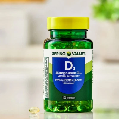 Cápsulas blandas de vitamina D3 Spring Valley, 25 mg, 100 unidades, suplemento para huesos e inmunes Foto 1 de 4