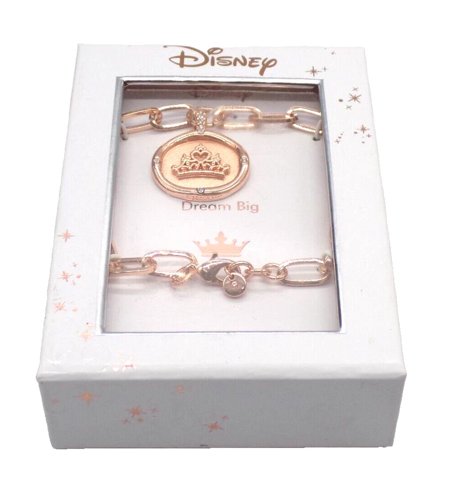 Disney Princess Crown Dream Big Charm Link Bracelet Rose Silver Plated