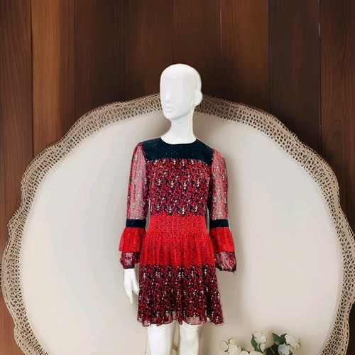 Mini Abito Michael Kors Nero Rosso Fiori Vita Elasticizzata Taglia S