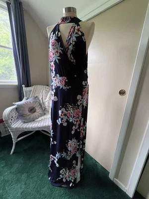 Women's Keyhole Halter Dress Navy Floral Maxi XL NY & Co. VGC Summer Beauty - Image 1 of 4