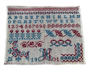 Vintage 1931 Sampler Red White Blue Cross Stitch - Picture 1 of 4