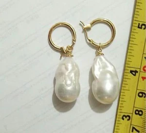 REAL HUGE SOUTH SEA NATURAL WHITE BAROQUE PEARL GOLD DANGLE Earrings - Picture 1 of 5