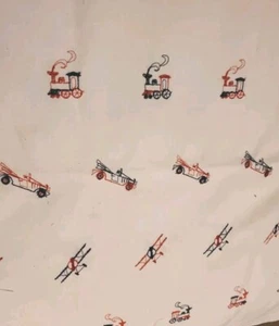 Vnt Fabric Train Bi-Plane Antique Car Red Blue Embroidery On White 62x24" Cotton - Picture 1 of 4