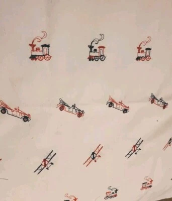 Vnt Fabric Train Bi-Plane Antique Car Red Blue Embroidery On White 62x24" Cotton - Image 1 of 4