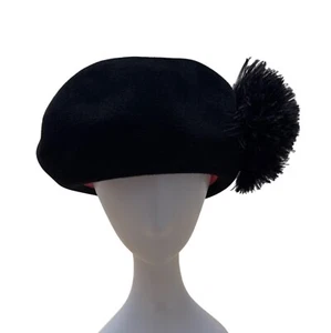 Black Bellini Originals Wool Beret Hat With Pom Pom Accent & Pink Lining - Picture 1 of 7