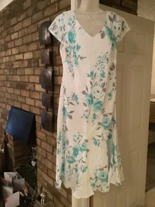 Per Una Marks & Spencer linen dress White Turquoise Grey Size 16 Lined Wedding - Picture 1 of 8
